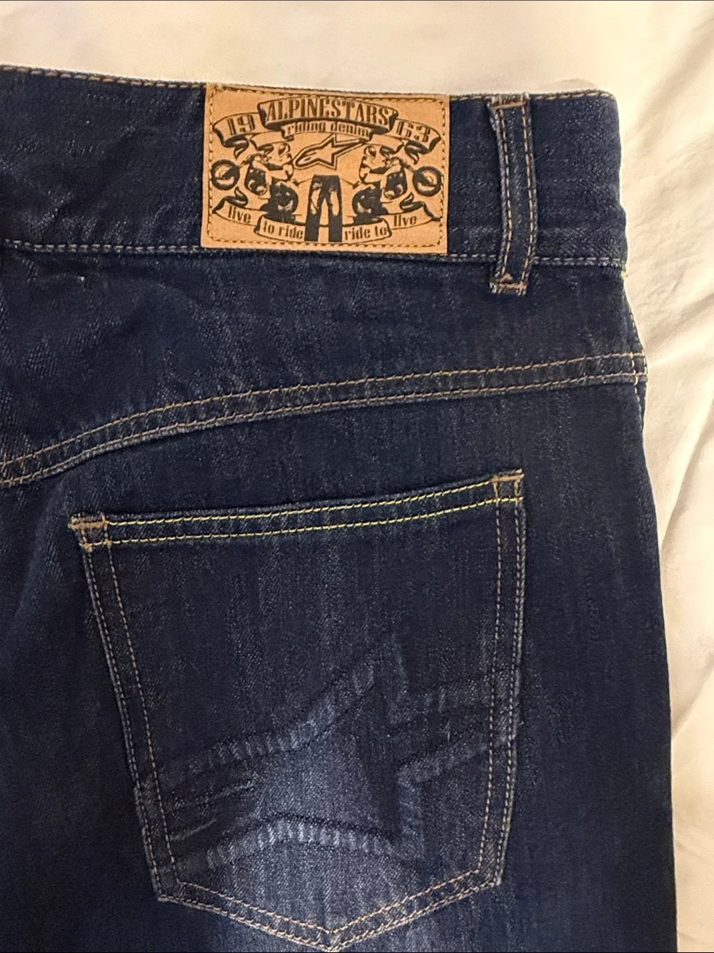 Alpinestars Men's Dark Blue Denim Jeans with Tan Leather Patch